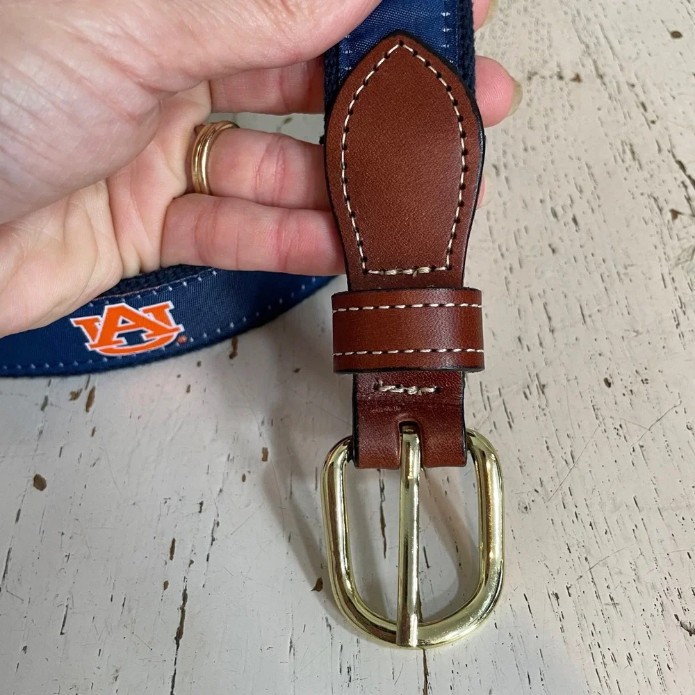 Auburn Tigers Mens Canvas Web Belt Navy Blue Leather Trim Size 38 AU Gameday